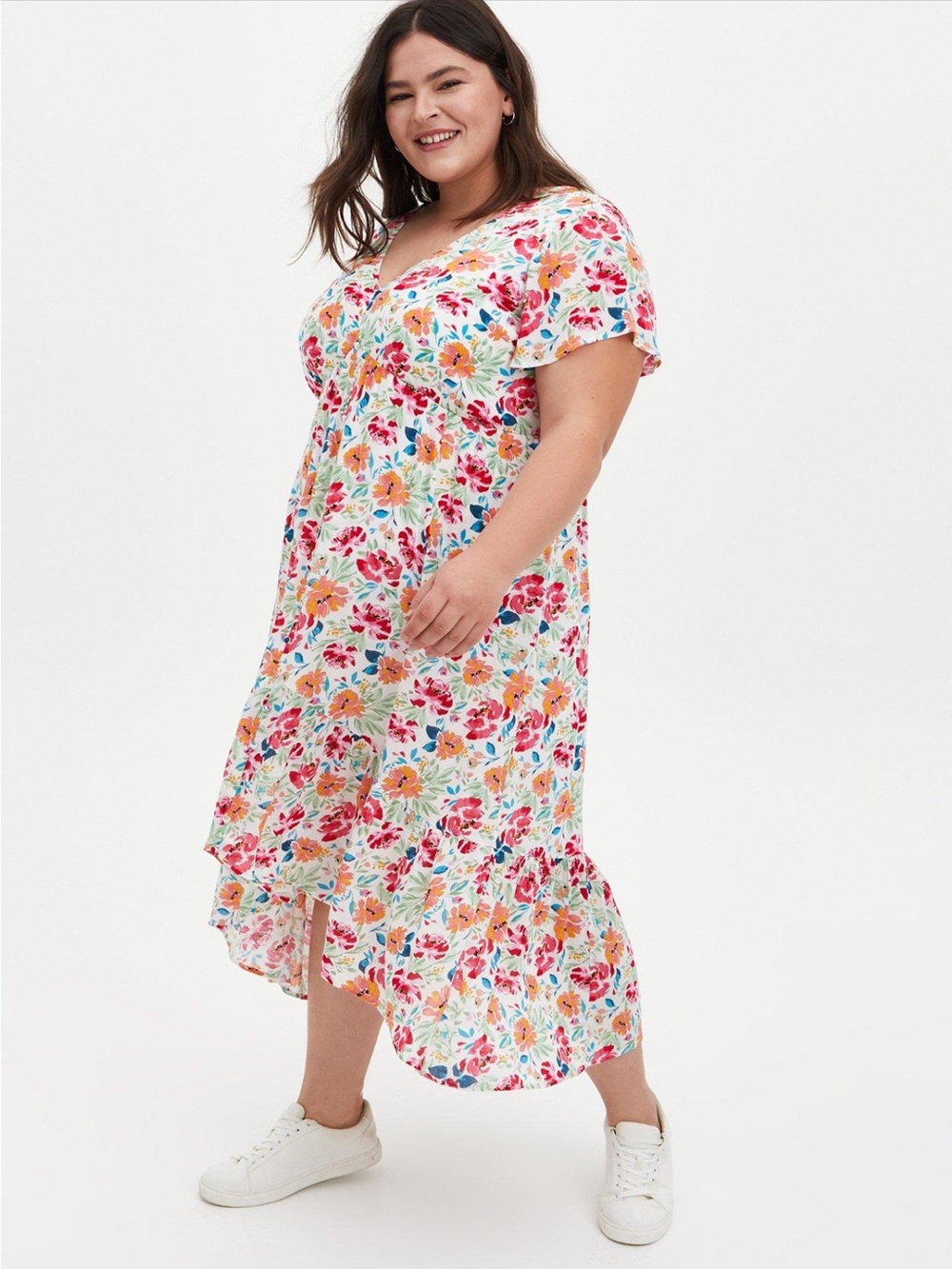 TORRID Women’s Ivory Floral Gauze Button Front Tea-Length Dress 👗 Size 1
